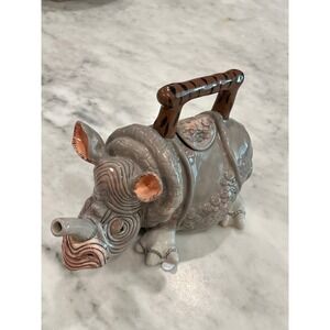 Whimsical Blue Sky Clayworks Rhino Teapot Lynda Corneille Ceramic Animal 40oz